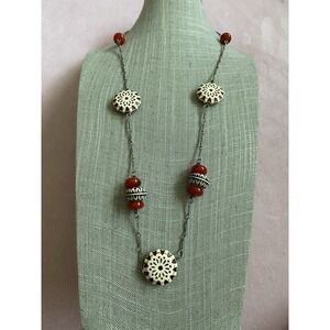 Faux Carved Bovine Bone Necklace Carnelian Beads Boho Ethnic Statement Vintage